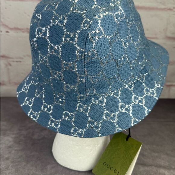 Gucci NWT Canvas Lame GG Monogram Bucket Hat Small Light Blue Silver - Picture 5 of 11
